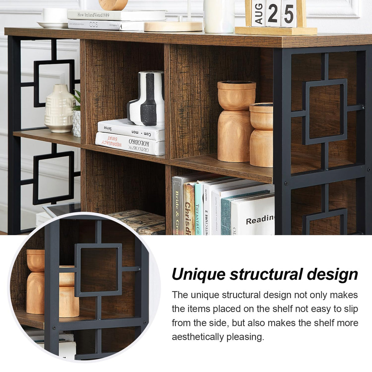 HOMISSUE 6 Cube Storage Organizer Shelf, Rustic Short Bookshelf with 3 Storage Bins, Industrial Horizontal Bookshelf with Metal Frame, Low and Wide Cube Bookcase for Living Room and Office, Brown