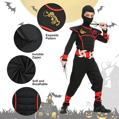 Aomig Kids Halloween Fancy Dress Costume with Ninja Accessories, Warrior Muscle Costume for Boys Girls, Luxury Role Play Outfit for Halloween Cosplay Theme Party (M)