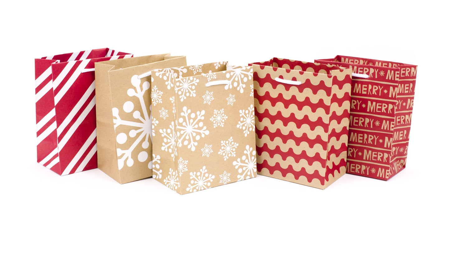 Hallmark 6" Small Holiday Gift Bag Set (Pack of 5; Red, White and Kraft) Snowflakes, Stripes, Merry (5XGB1798)
