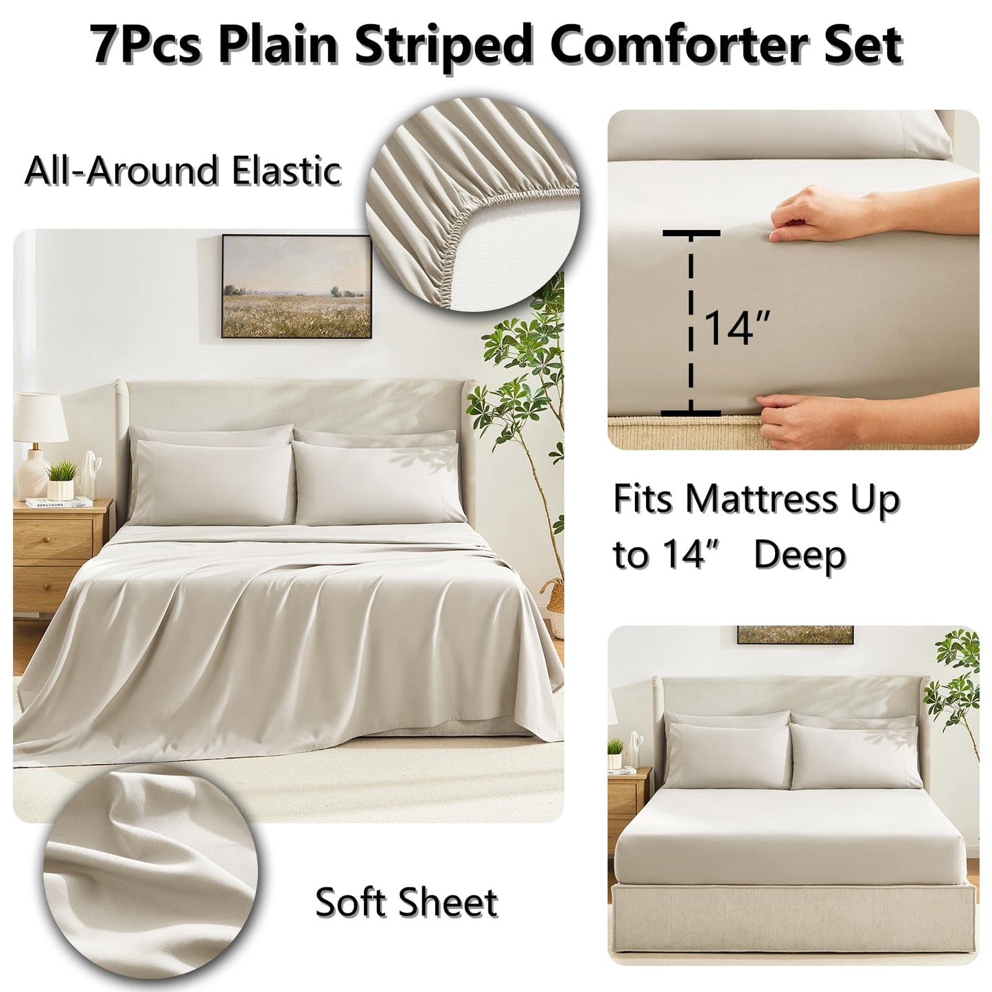 CozyLux Queen Comforter Set Beige, 7 Pieces Bed in a Bag, Beige Comforters Queen Size, All Season Bedding Sets with Stitch Quilted Comforter, Flat Sheet, Fitted Sheet, Pillowcases