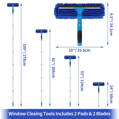 TIMIVO 109" Window Cleaning Squeegee Kit, Professional 2 in 1 Squeegee Window Cleaner with Extension Pole, Window Washing Kit with 2 Blade 2 Pads for Indoor & Outdoor High Windows Car Glass