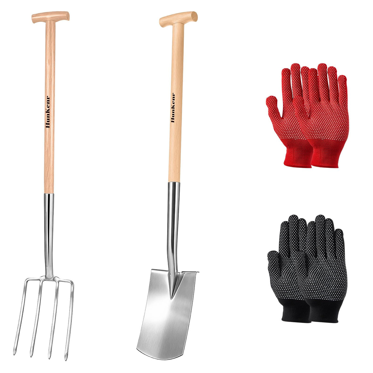 HUNKENR Garden Pitchfork Spade Set, 4-Tine Stainless Steel Pitchfork, 47" Heavy Duty Long Handled Spade with T-Handle/Ergonomic Beech Handle for Digging, Planting, Cultivating, Aerating