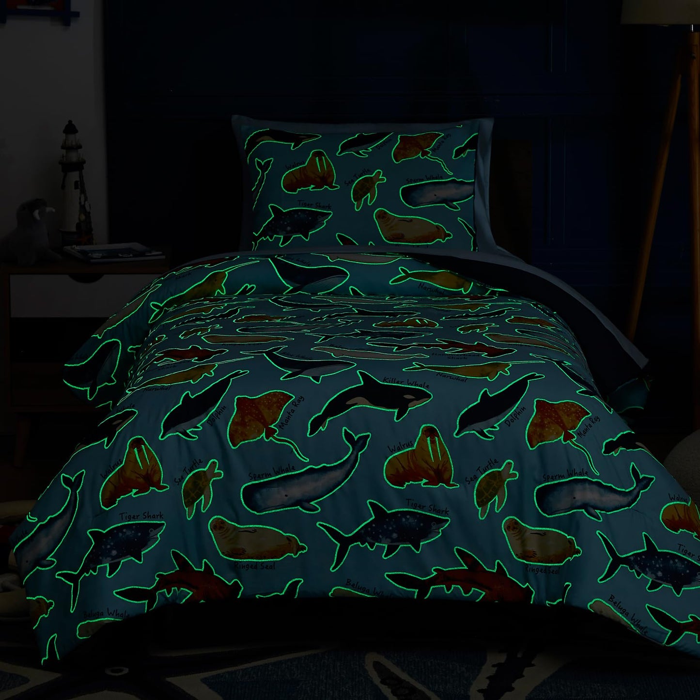 Kaleido Space Twin Comforter Set for Boys Kids - 5 Pieces Glow in The Dark Ocean Animals Twin Bedding Sets for Kids, Ultra Soft Bed in A Bag with Sheets