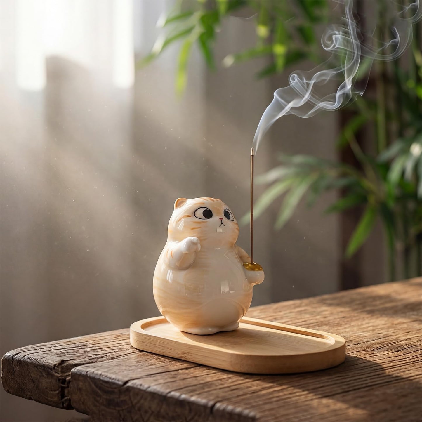 ZKSYLSM Cat Incense Holder - Cute Ceramic Incense Burner with Bamboo Ash Catcher Tray, Orange Tabby Cat Meditation Decor for Home Office, Zen Desk Accessories (3.4" L x 2.8" W x 3.5" H)