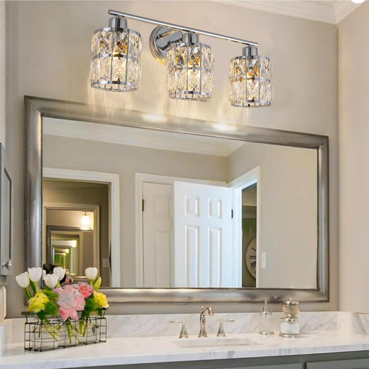 CALDION 3-Light Crystal Wall Lights Bathroom Vanity Light Fixtures, Modern Chrome Vanity Lighting Over Mirror Crystal Wall Sconces Lighting for Bedroom Restroom Bath Cabinet Powder Room, E26 Base