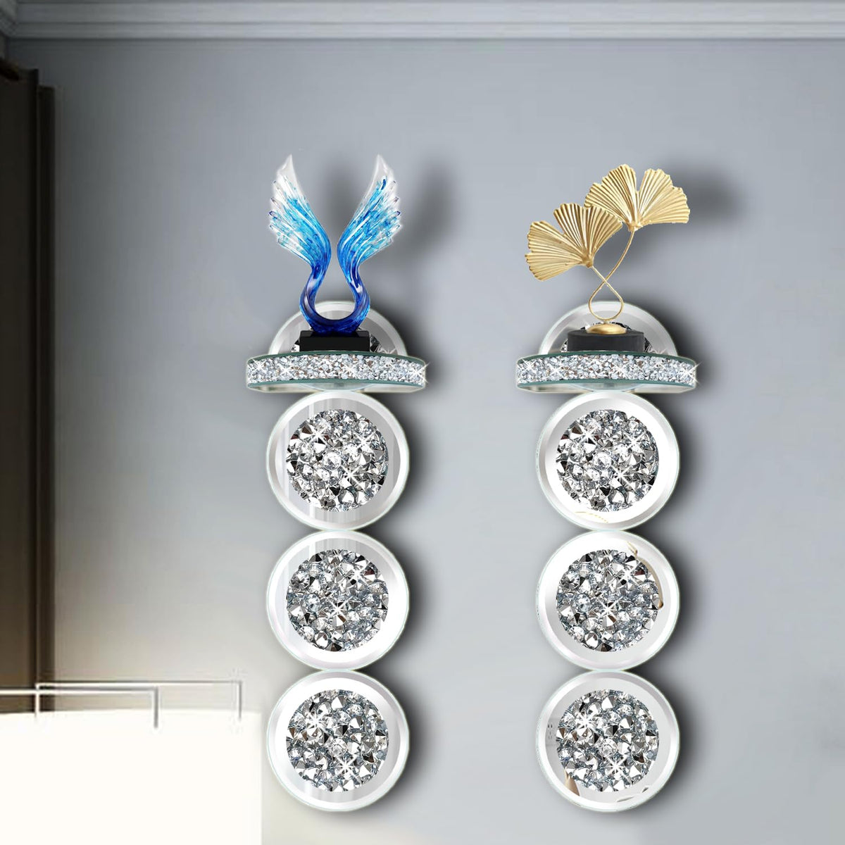 ZOLAPI Set of 2 Crystal Crush Diamond Candle Sconces, Gorgeous Silver Mirrored Wall Sconce, Round Candle Holder Glass Wall Decorations for Home Décor, Living Room, Dining Room.