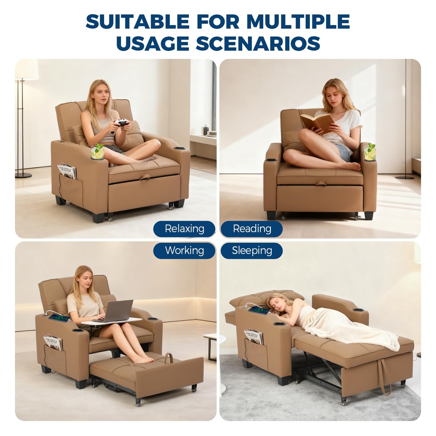 4 in 1 Convertible Sleeper Chair Bed with Vibration Massage Lumbar Pillow, Single Sofa Recliner Featuring USB/Type-C Port, Cup Holders & Side Pocket, Space-Saving Pull Out Bed for Small Spaces, Brown