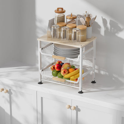 NiuYichee 3-Layer Kitchen Fruit Storage Basket Snack Rack, countertop Storage Rack, Stackable Storage Rack with Desktop, Pull-Out Hollow Metal Storage Basket with Handle, Kitchen Organizers & Storage