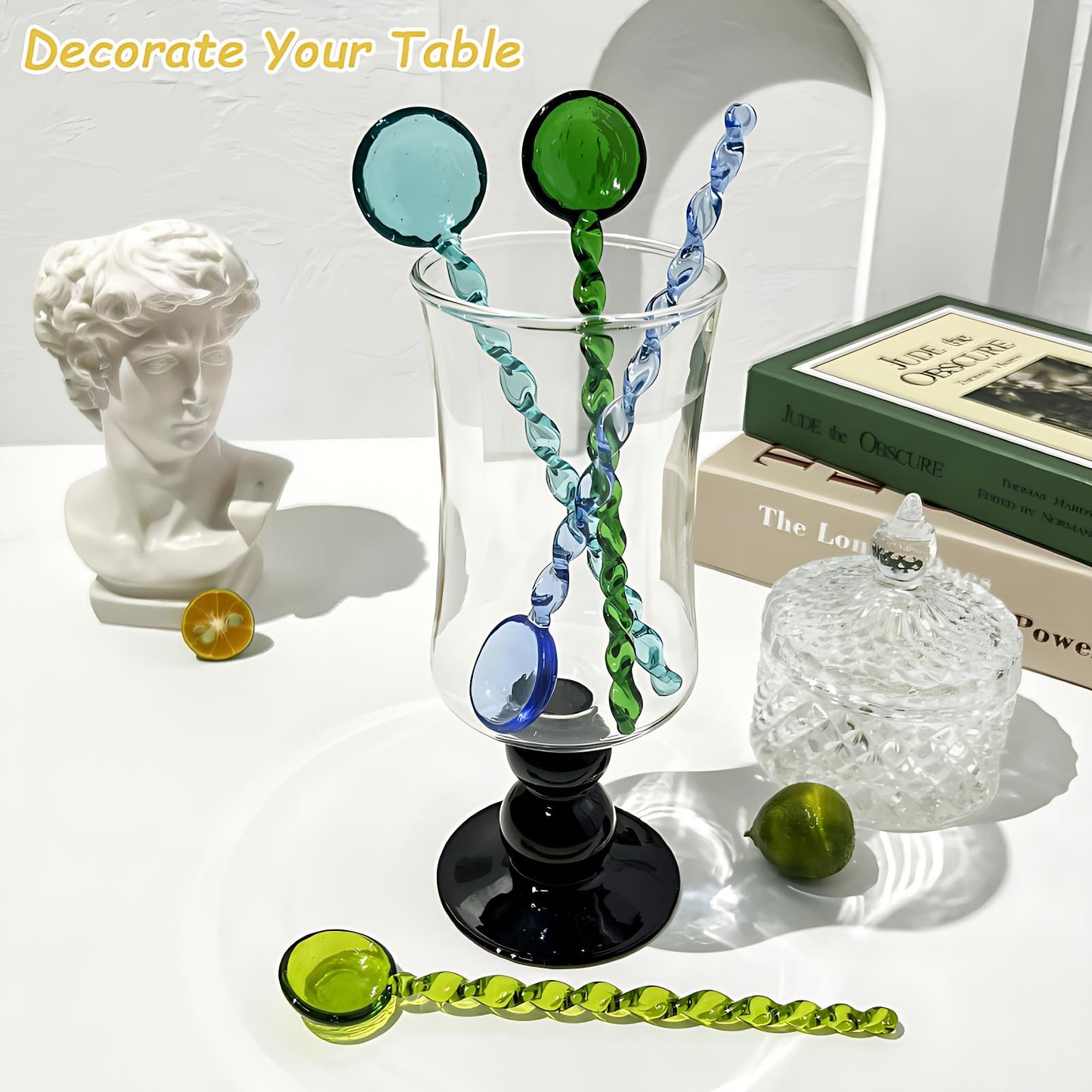 Turbokey 5 Pieces Glass Stirring Spoons Clear Crystal Coffee Cocktail Mixing Spoons with Spiral Handle Salt Sugar Ice Cream Yogurt Jam Dessert Scoop Swizzle Stick for Bar Cafe Party (5 Color)
