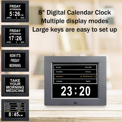 Johnziny 8 Inch Digital Calendar Day Clocks for Seniors-8 Alarms, Auto-Dim, Digital Clock Large Display Date and Day,Dementia Clocks for Seniors,Electronic Calendar with Large Number Black