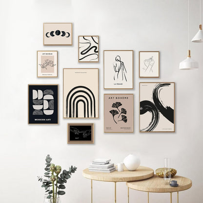 KBKBART Minimalist Boho Wall Art Prints, 10 PCs Abstract Neutral Black Beige Women Body Line Flower Canvas Art, Eclectic Home Decor for Room