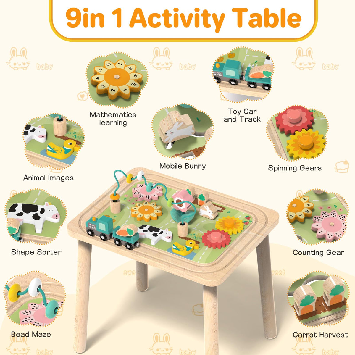 3-in-1 Baby Activity Table for 18-36 Months Old Kids Wooden Activity Center Sensory Play Table for Toddlers with Bead Maze Shape Sorter Montessori Toys Sand Table Must Have Birthday Gift for Girls Boy