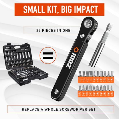 ZOOI 22 In 1 Ratchet Screwdriver Set, EDC Gear Tool Pocket Ratcheting Screwdriver, Mens Dad Gifts for Men Dad Him, 90 Degree Right Angle Screwdrivers, Tight Spaces Mini Ratchet Set