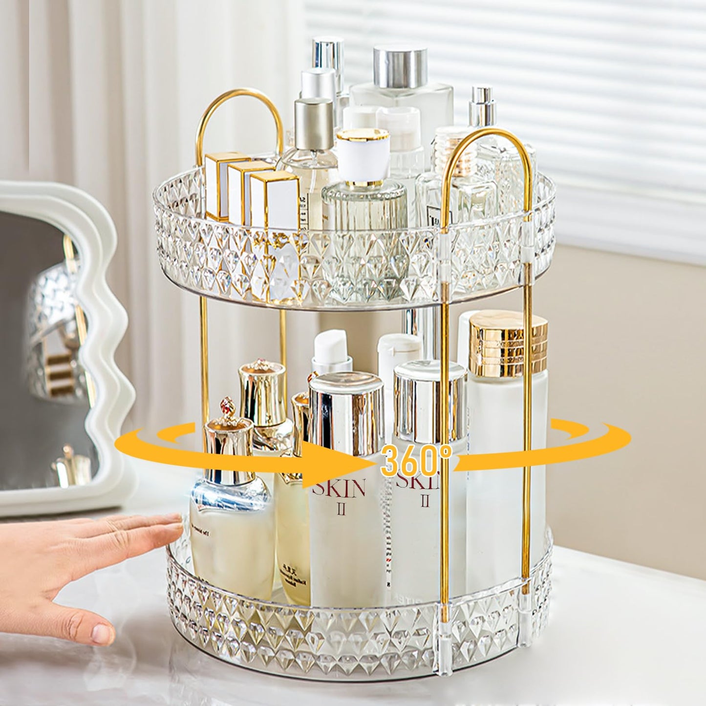 Rotating Makeup Organizer for Vanity, 2 Tier Perfume Skincare Storage for Women, Bathroom Counter Organizer, 360° Spinning Cosmetic Holder for Dresser Countertop, Clear