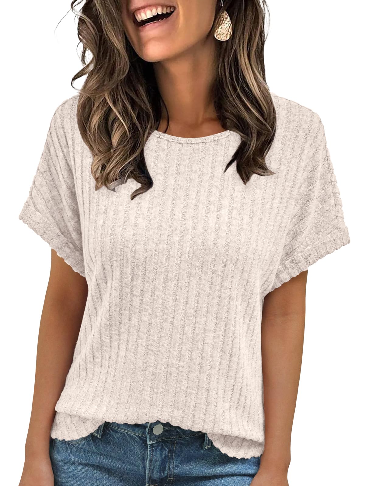 AUTOMET Women Textured Shirts Fall Sweaters Loose Fit Short Sleeve Tunic Tops 2025 Dressy Casual Business Blouses Apricot S