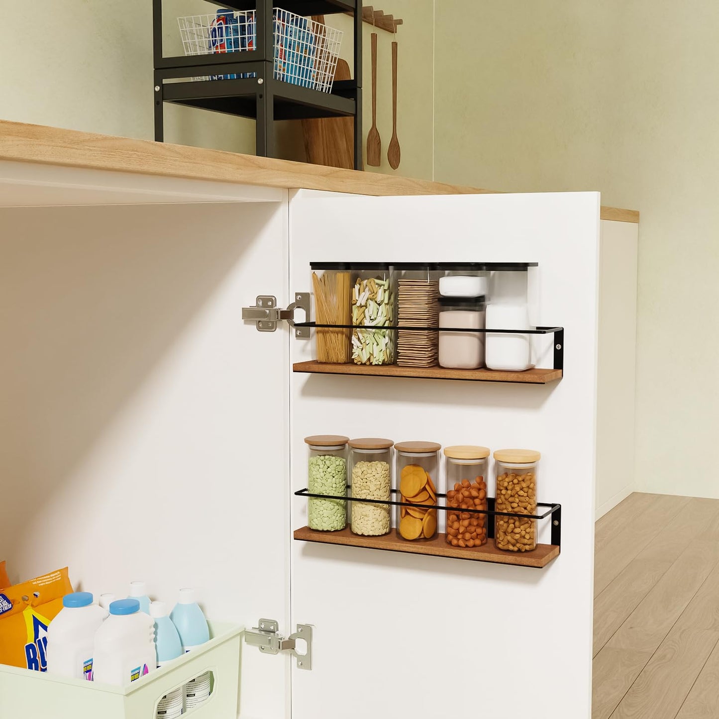 GIGIFTREE Spice Rack Self-Adhesive or drilling, Rustic Style Hanging Spice Rack, Spice Organization for Cabinet Door or Wall Mount, Over The Stove, Kitchen Wall, 2-Pack