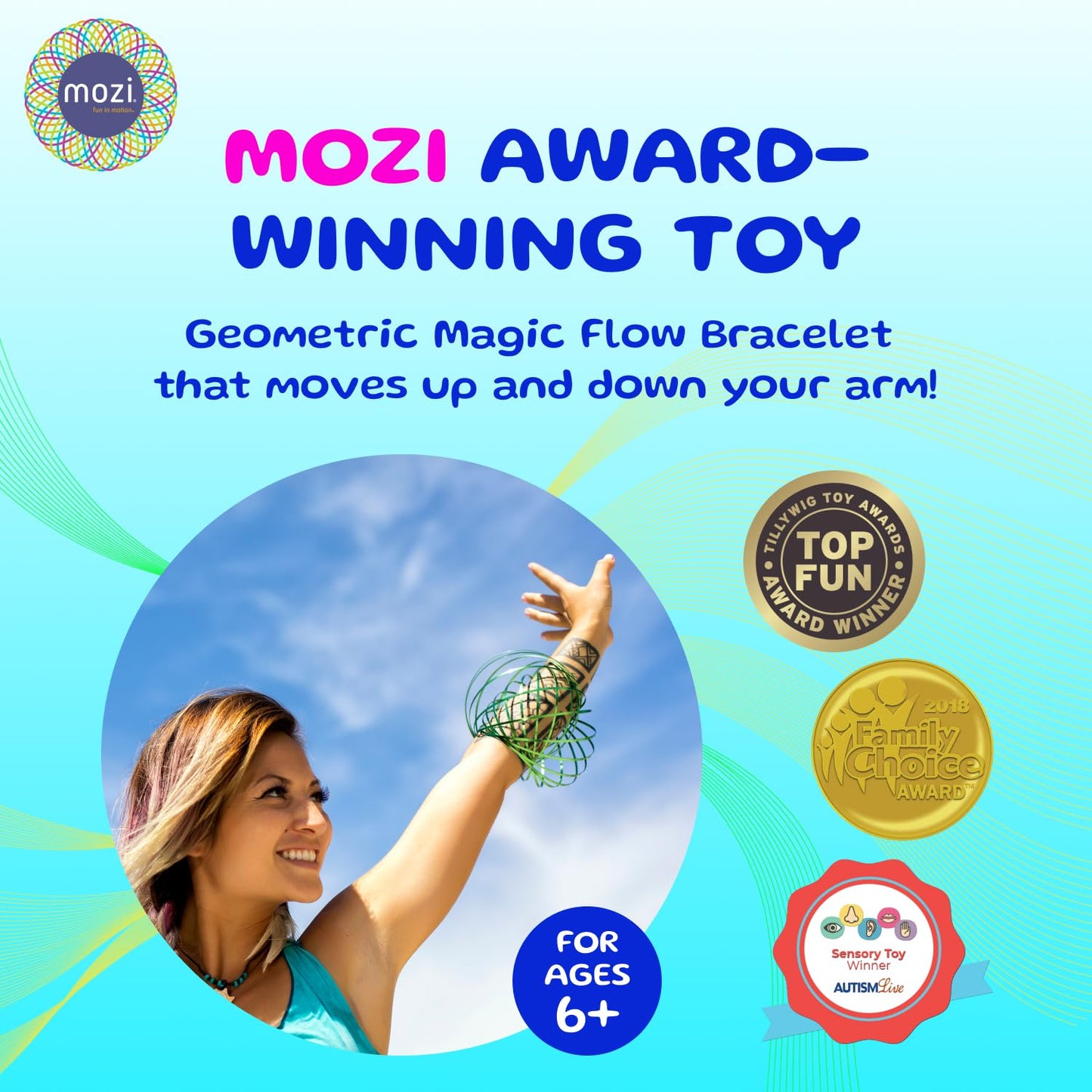 Mozi Geometric Magic Flow Ring - Easy to Use - 3D Arm Spinner Bracelet Toy for Kids and Adults (Iridescent)