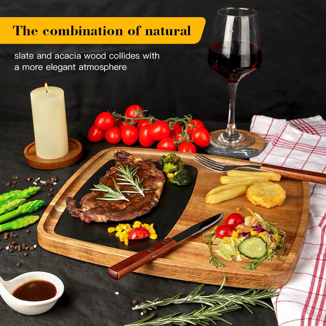 LiWiBet Acacia Wood Slate Steak Plate for Meat Cheese Appetizers, Steak Cutting Plate Board Serving Tray Cheese Appetizer Platter Perfect for Housewarming, Christmas, Mother's Day