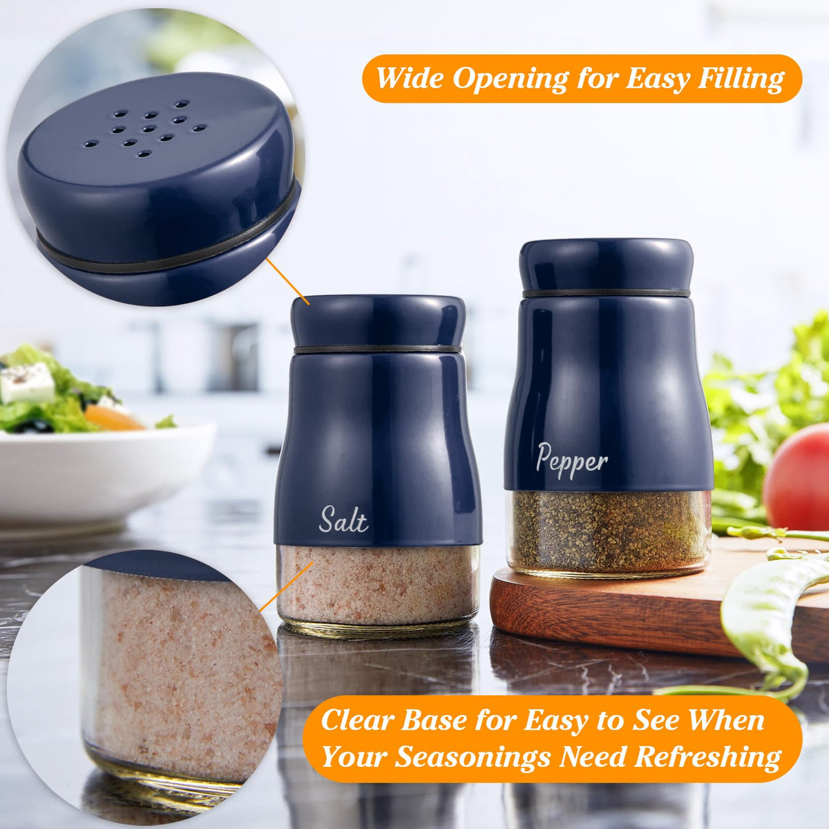 Navy Blue Salt and Pepper Shakers Set, Bivvclaz 5 Ounce Salt and Pepper Dispenser with Glass Bottom, Cute Salt and Pepper Shakers for Blue Kitchen Decor and Accessories