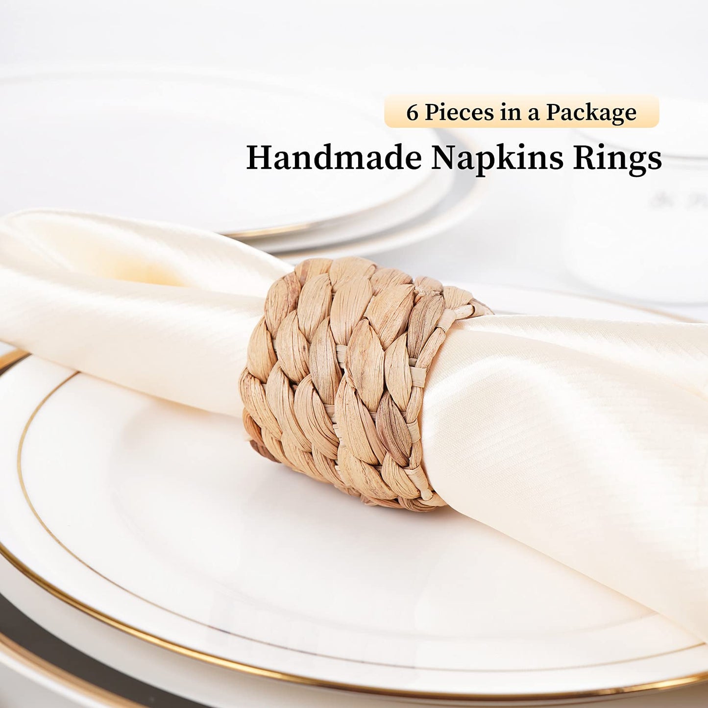 Napkin Rings Set of 6, Thanksgiving Napkin Rings Table Decor Handmade by Natural Water Hyacinth, Fall Farmhouse Napkin Rings for Thanksgiving, Christmas, Wedding Table Decoration