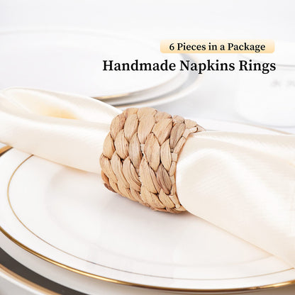 Napkin Rings Set of 6, Thanksgiving Napkin Rings Table Decor Handmade by Natural Water Hyacinth, Fall Farmhouse Napkin Rings for Thanksgiving, Christmas, Wedding Table Decoration