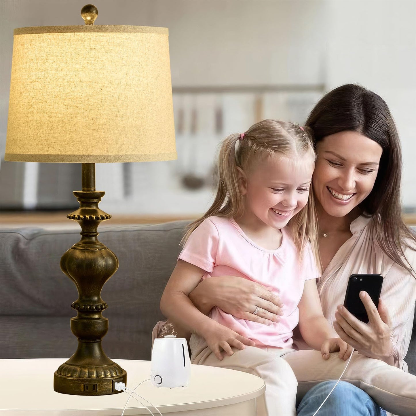 SAIWEYA 27.5" Farmhouse Table Lamps Set of 2 Bedside Nightstand Lamp with USB C+A Ports & AC Outlet, 3 Way Dimmable Touch Lamps for Bedroom Living Room Office Rustic Lamp