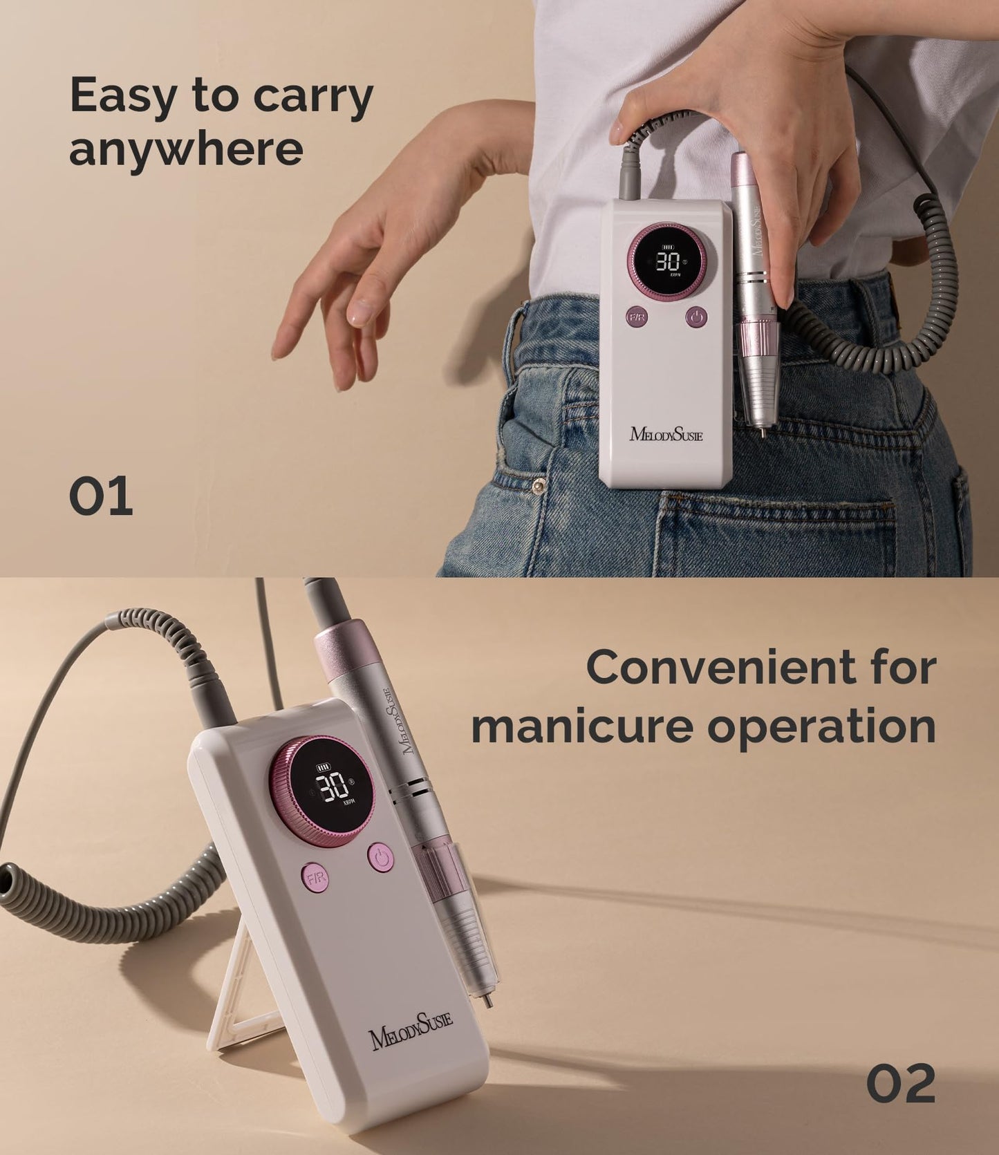 MelodySusie 2 in 1 Professional Nail Drill, 30000 RPM SC330G Electric Nail File with Kickstand for Gel Nails Polishing Removing, Portable Cordless Nail Efile for Manicure Pedicure at Home & Salon,Gold