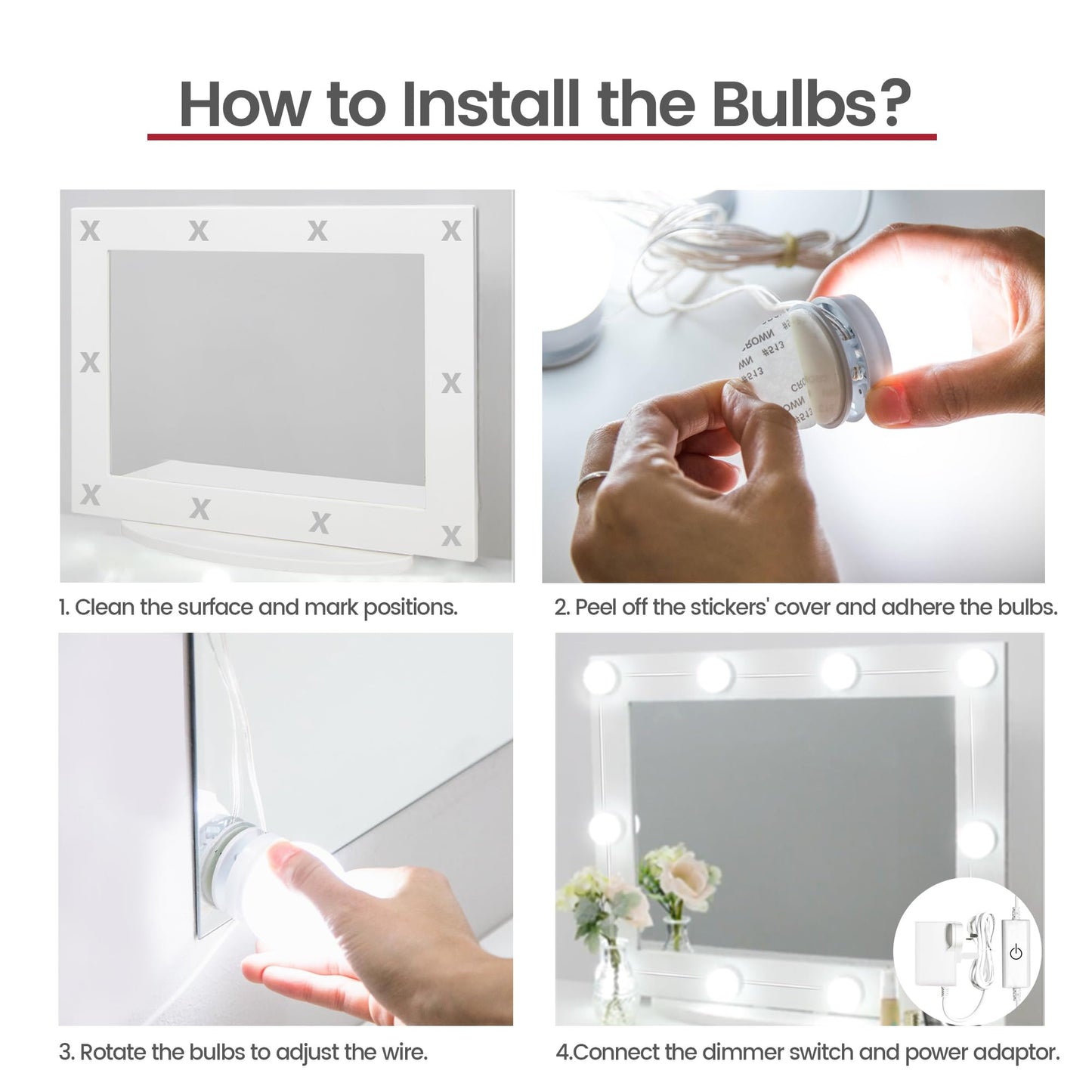 Star Vision 14-Bulb Vanity Lights for Mirror, DIY LED Makeup Lights Kit with Double-Sided Stickers, Includes a Plug-in Power Adaptor & a Touch Dimmer, 6,500K, 1350 Lumens, 6 Meters Length