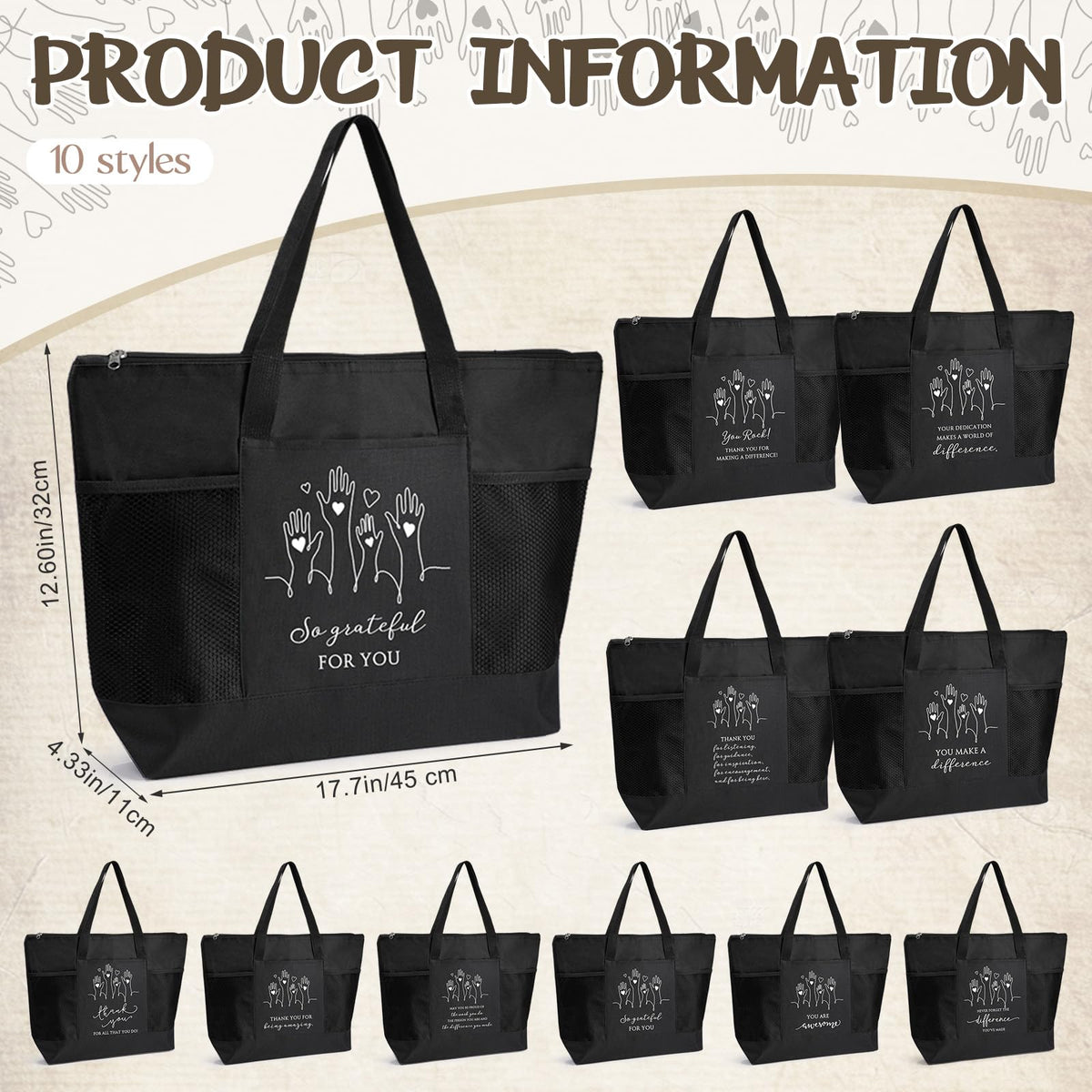Paterr 10 Pcs Volunteer Appreciation Gifts Bulk Large Tote Bags with Zippered Mesh Pocket Inspirational Gift for Women Men(Black)
