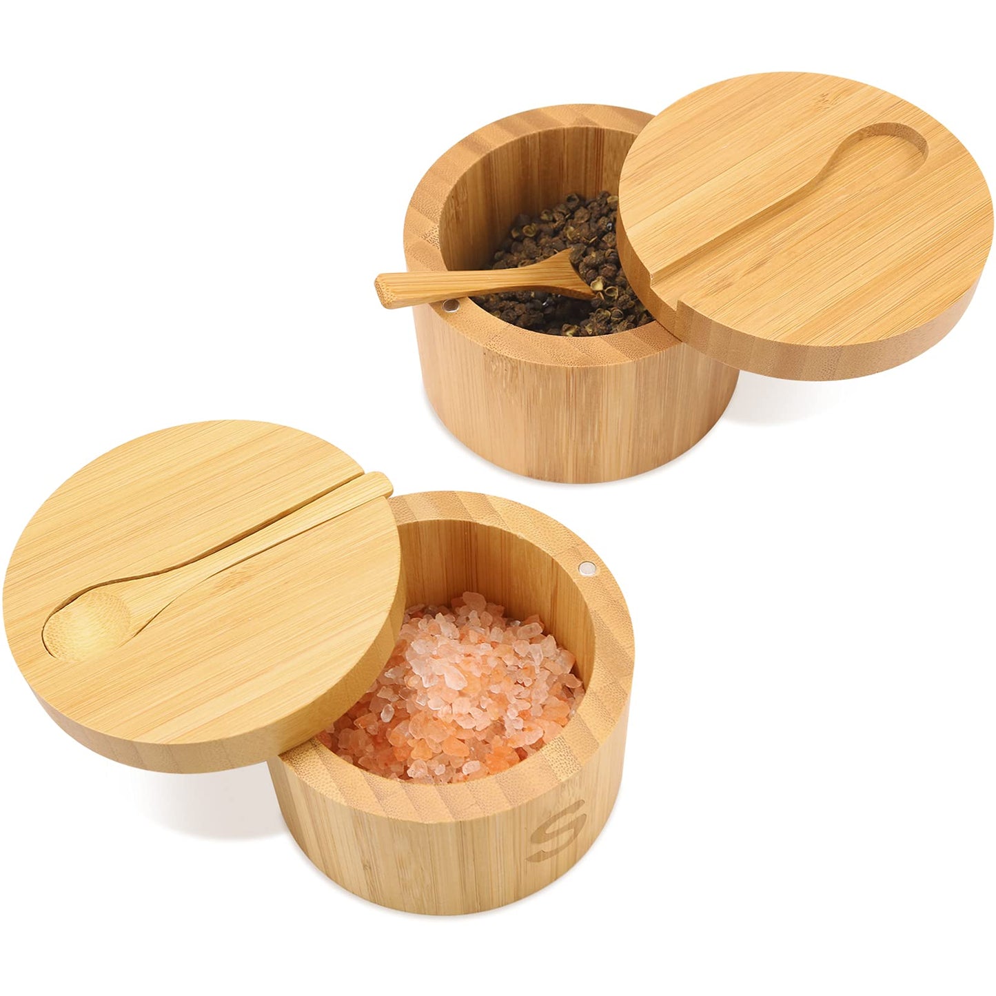 HTB Bamboo Salt Cellar Set with Spoon, Kitchen Spice Containers with Magnetic Swivel Lids, 2 Seasoning Containers Set Engraved with S and P