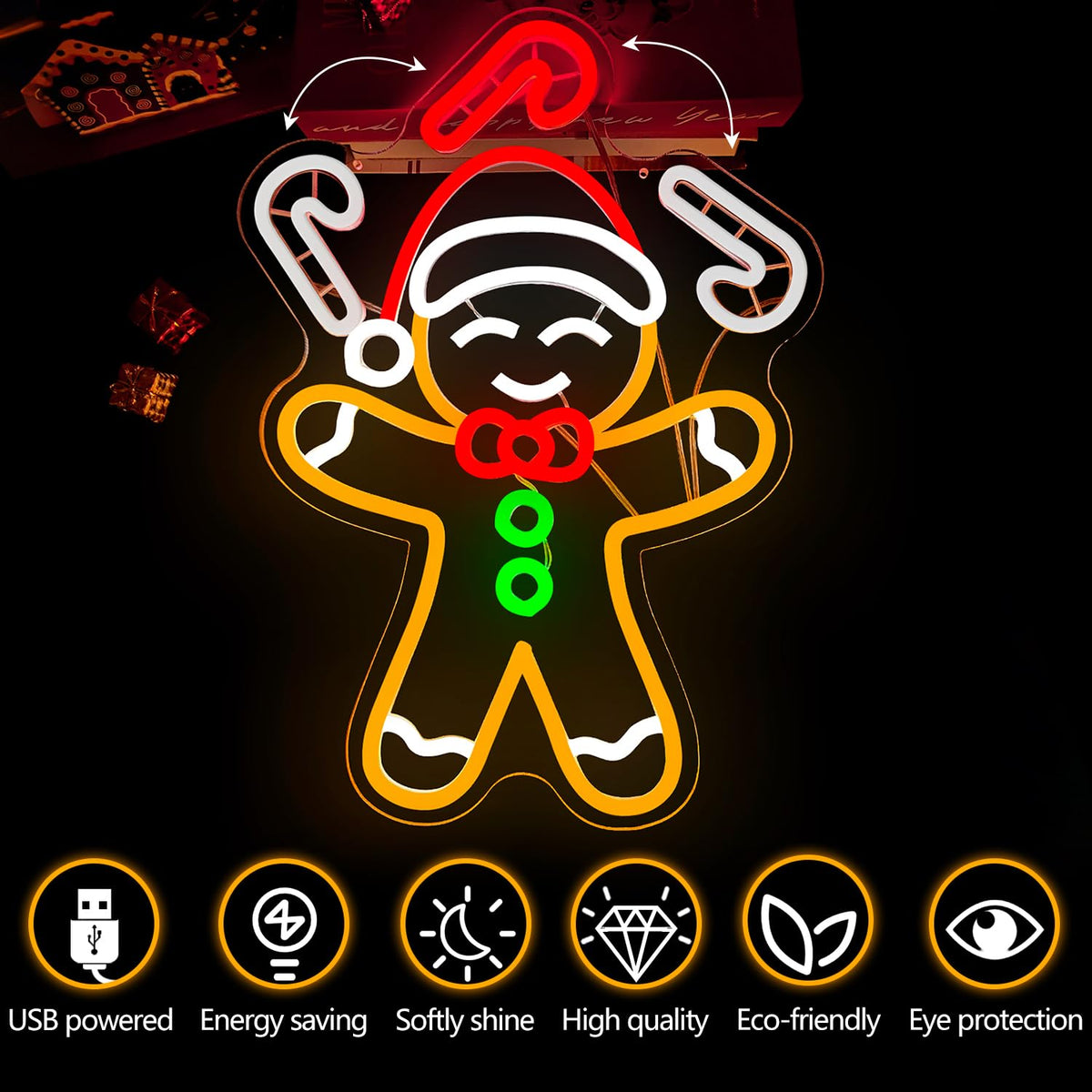 Christmas Neon Sign Gingerbread Man Throwing Candy Cane Neon Light Dimmable Led Gingerbread Wall Decorations Fun Christmas Waving Light Up Sign for Gifts