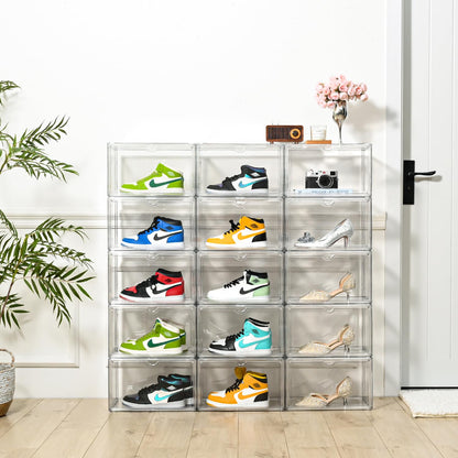 Uni HIMO Clear Shoe Organizer,Stackable Shoe Display Case,Shoe Box Storage Bins with Magnetic Door,Fit Shoe Size Up to US 14 (X-Large-2Pack)