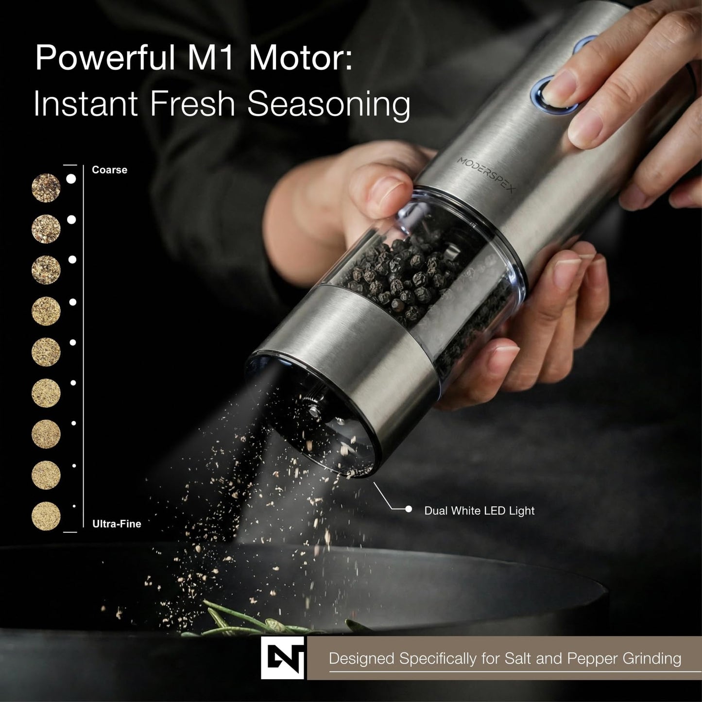 Electric Salt and Pepper Grinder Set USB-C Rechargeable, Dual-Speed Automatic Salt and Pepper Mills with 9 Adjustable Coarseness, Ceramic Burr, LED Light, Refillable, (Stainless Steel)