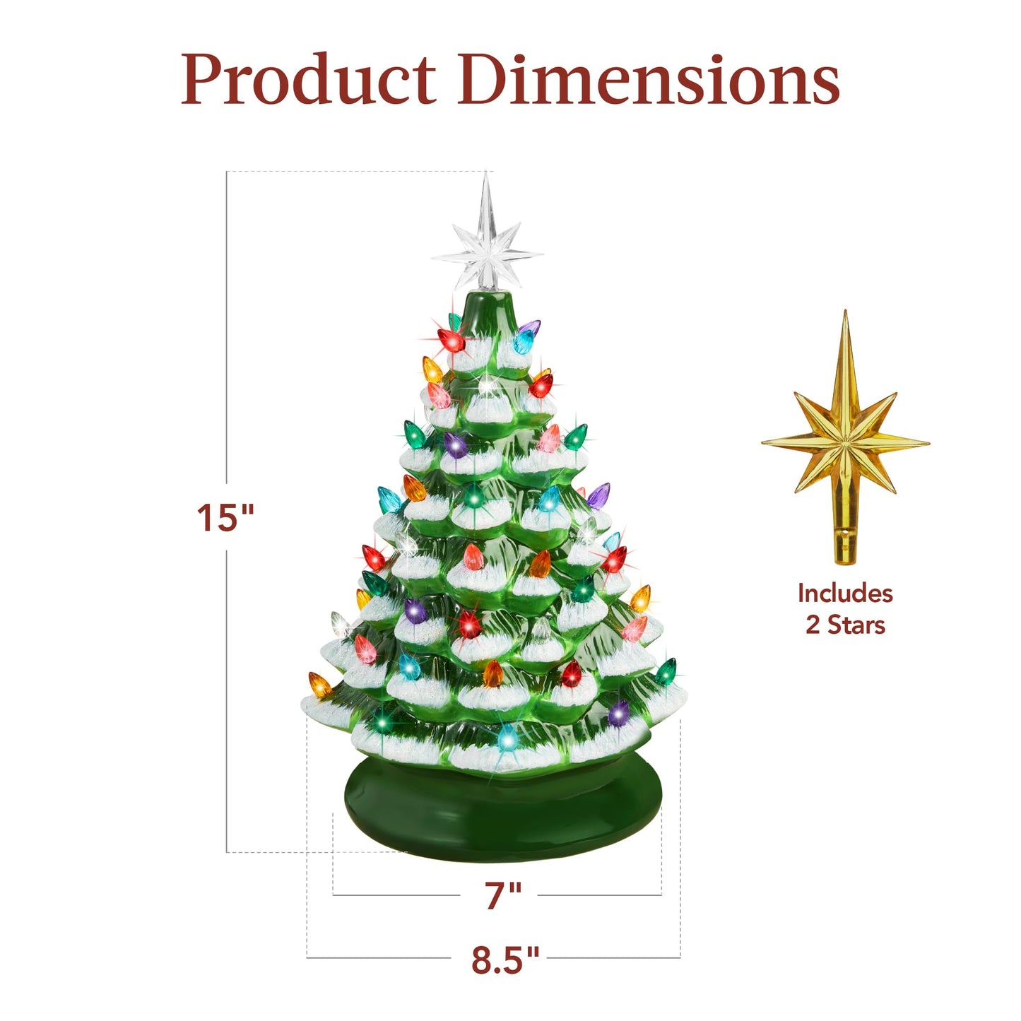 Best Choice Products 15in Ceramic Christmas Tree, Pre-lit Hand-Painted Tabletop Holiday Tree, 2 Star Toppers, 64 Lights - Flocked w/Multicolored Bulbs