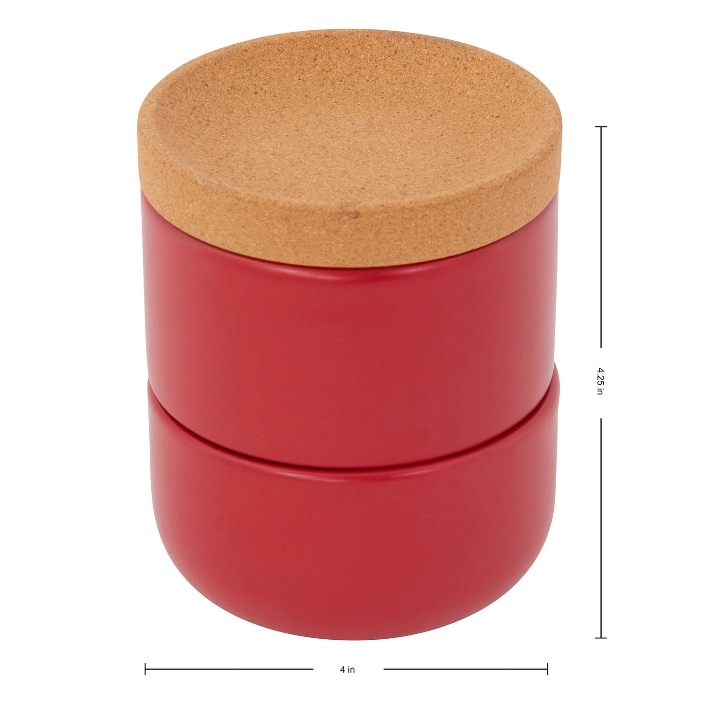 Ceramic and Cork 3 Piece Stackable Salt and Pepper Cellar For Countertop Space Saving1Easy Lift Lid to Retain Freshness for Easy Open, Natural Cork and Red Ceramic