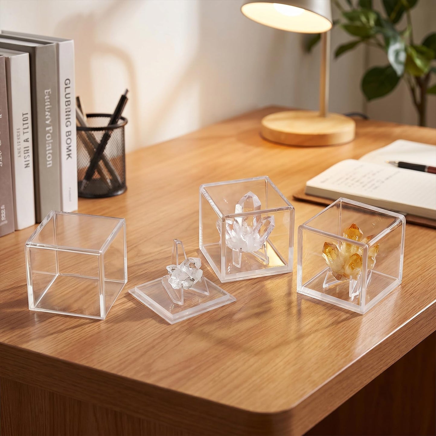 Bromjavol 3 Pack Rock Display Case, Small Acrylic Display Case with Stand, 2'' x 2'' x 2'' Acrylic Display Case for Collectibles, Gem Display Case, Rock Collection Box for Stones, Minerals, Fossils