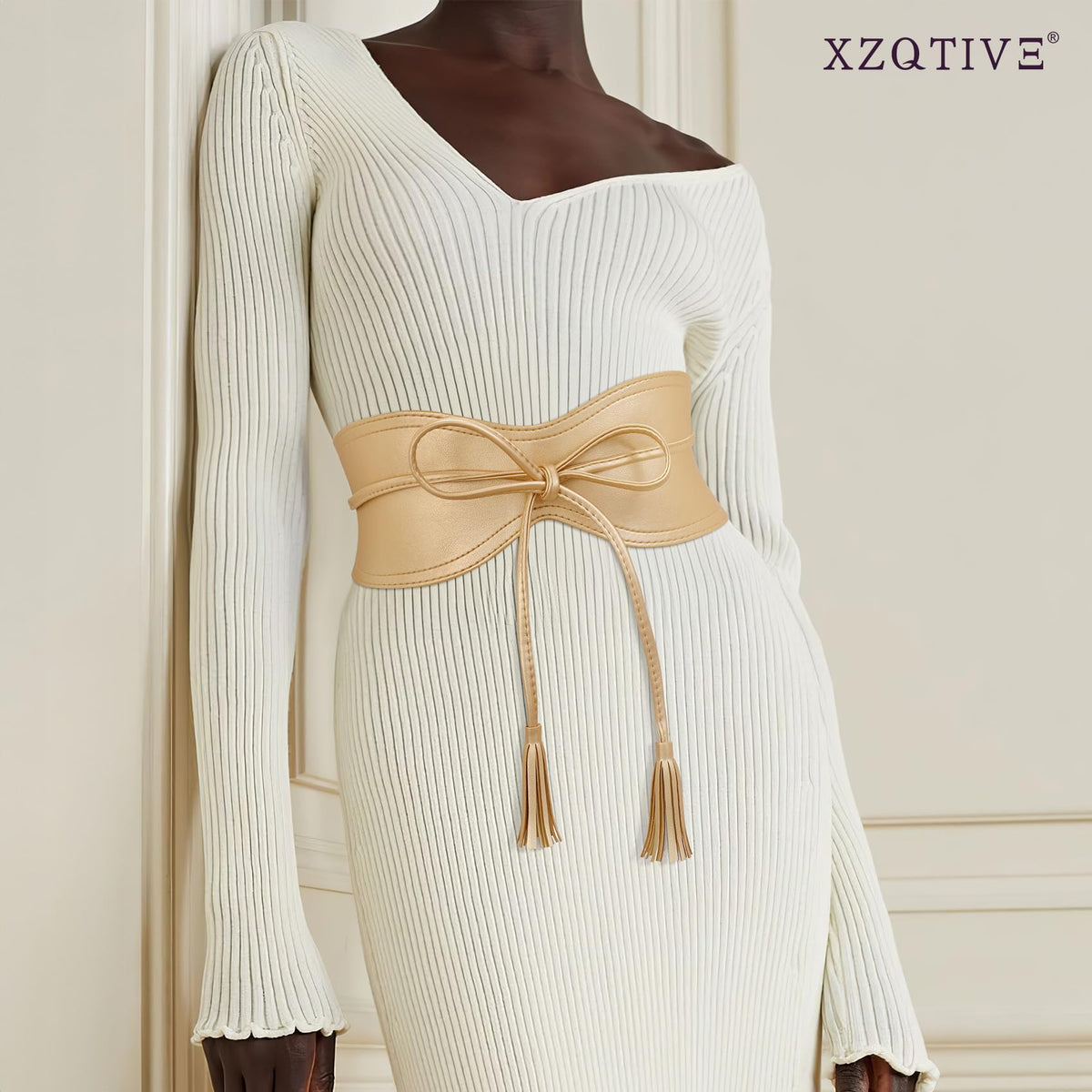 XZQTIVE Women Wide Belt for Dress Fashion Ladies Cinch Obi Belt Waistband with Tassel Tie, Gold(M Fits Waist Size 29"-38")