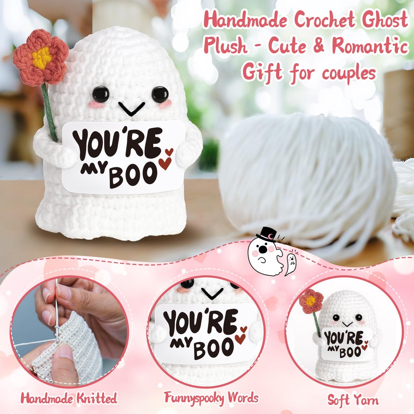 Frabaca You're My Boo Crochet Ghost - Anniversary Love Gifts for Women Men Her Him Boyfriend Girlfriend, Mothers Day Card for Wife from Husband for Valentine Birthday Halloween