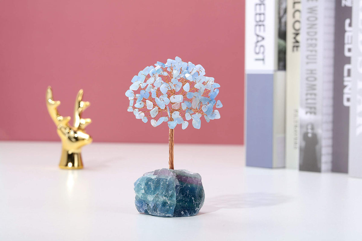 Jovivi Natural Aquamarine Crystal Tree, Raw Healing Crystals Fluorite Base Bonsai Money Tree for Home Office Table Decor Wealth and Luck