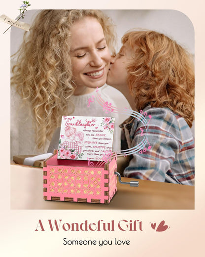 Swooflia Mother's Day Wooden Music Box for Granddaughter - Hand Crank Engraved Musical Box Vintage Mechanism Personalized Gifts for Mom Aunt Daughter Niece Grandma Friend Jesus On Birthday