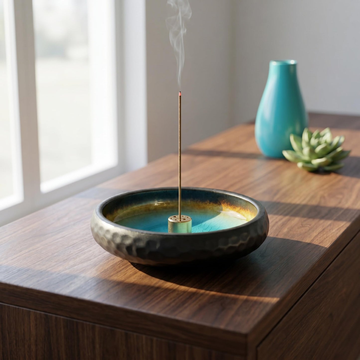 Anywind 6 Inch Incense Holder with Ash Catcher,Handmade Crack Blue Glaze Ceramic Incense Burner Bowl with 9-Hole Design for Sticks,Cones & Coils - Perfect for Meditation,Yoga & Zen Home Decor
