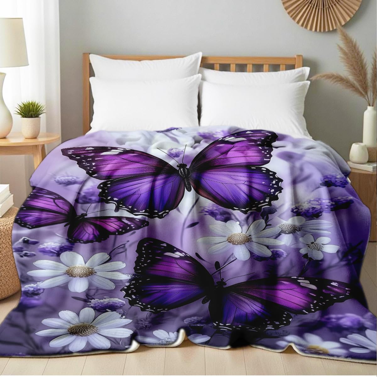HUNXIAOJ Printed Bed Blanket Purple Butterfly Throws Soft Flannel Blanket Butterfly Gifts for Adults Kids Couch Butterflies Decor for Sofa Bed Office (49"x59")