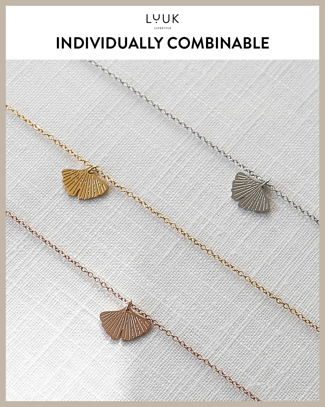 LUUK LIFESTYLE Necklace for women in stainless steel with ginkgo leaf pendant and HAPPINESS gift card, gift idea, 19” chain length, symbol of nature and serenity, zen jewelry for women, silver