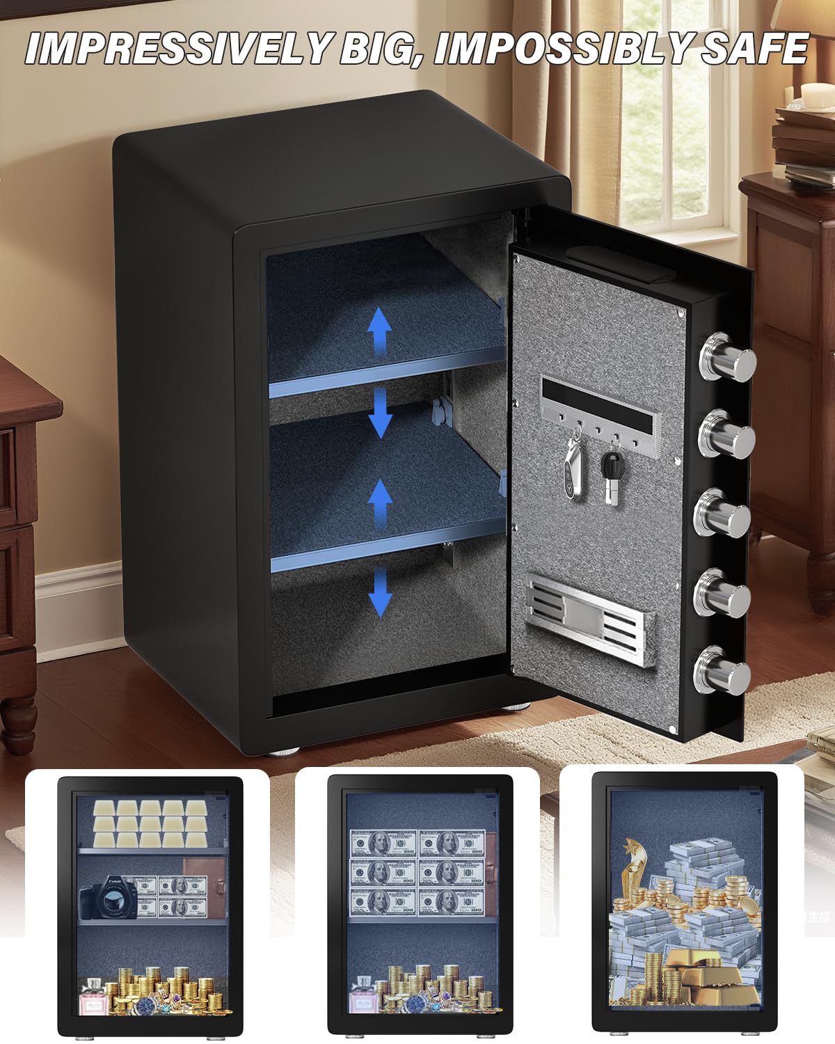 Kavey 2.5 Cub Biometric Safe Box, Fingerprint Safe with Fireproof Waterproof Bag, Security Safes with Backlit Touch Screen Keypad, Dual Alarm System for Home Office 13"D x 14.96"W x 21.65"H