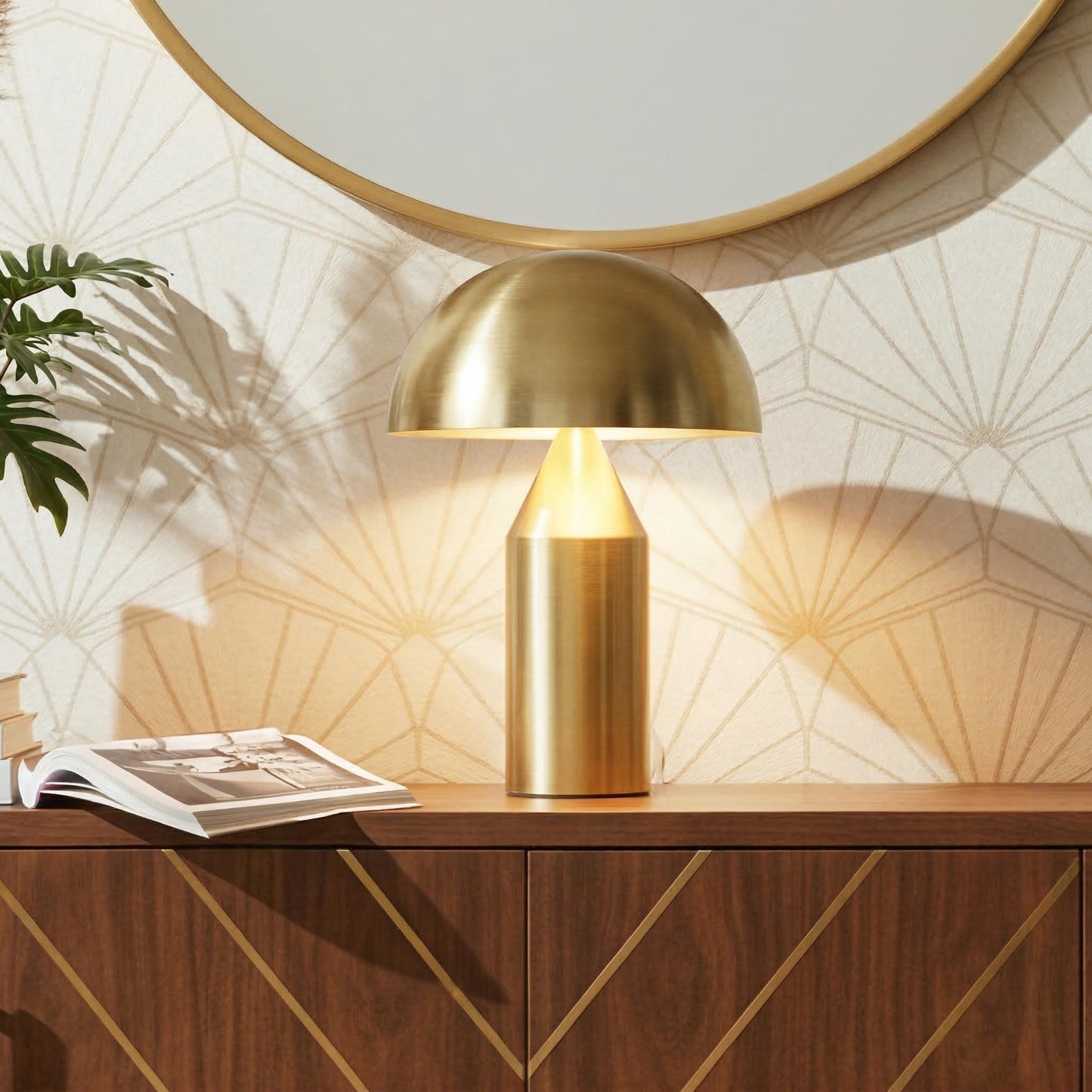 Brightech Venus Mushroom Table Lamp - Modern Lamp for Living Room, Bedroom Side/End Table - Dimmable, Unique Side Table LED Lamp Shade for Office, Reading - Brass/Gold, 14" Tall