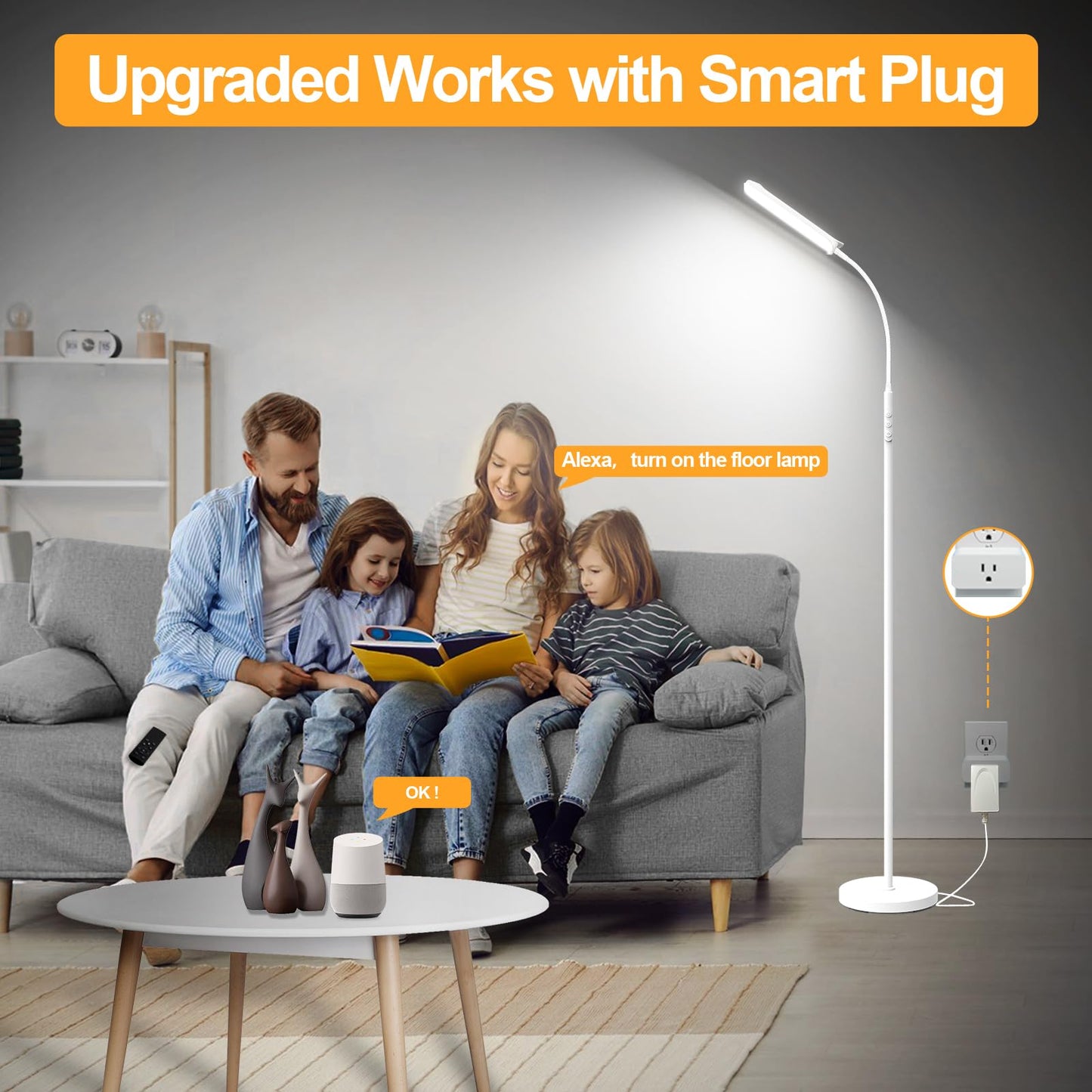 marctronic White Floor Lamp, 18W 1800LM Bright LED Floor Lamps for Living Room Bedroom, Dimmable Timing Eye Caring Reading Standing Lamp with Remote & Works with Smart Plug