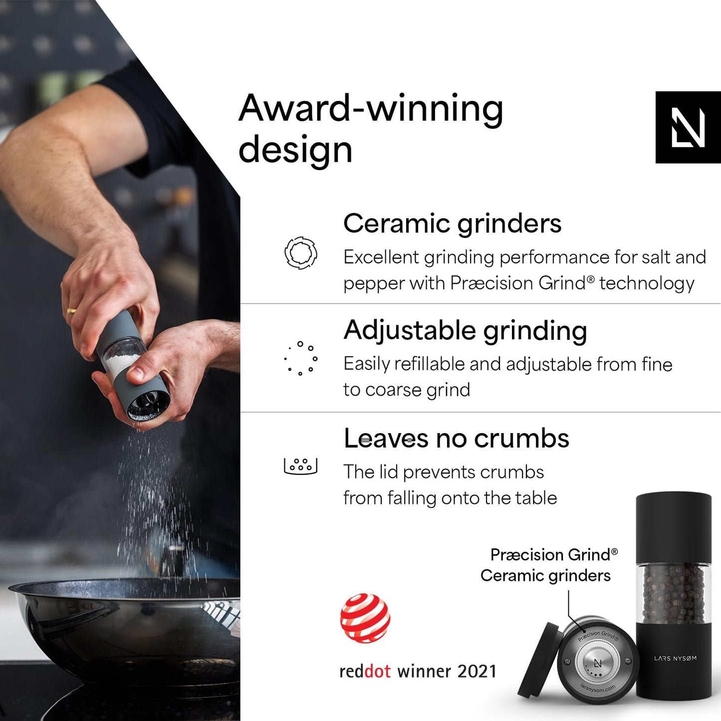 LARS NYSØM Salt and Pepper Grinder Set, Manual Salt and Pepper Mills with Adjustable Ceramic Grinder, Design Spice Shaker Set (Carbon Black)