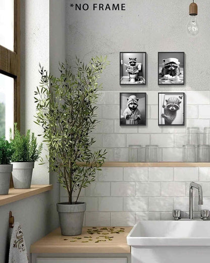 XUCVSPANTING Funny Raccoon Washroom Wall Art,Cut Bathroom Raccoon Sitting on Toilet Reading Newspaper Shaving&Paper Toilet Paper on Head Canvas Posters for Bathroom Washroom Restroom Home Decor
