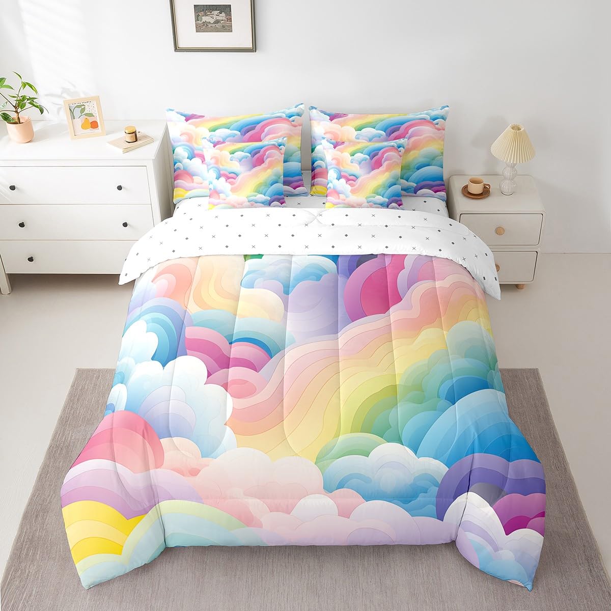 Erosebridal Girls Rainbow Full Bedding Sets 7-Piece Colorful Cloud Comforter Set Cartoon Kawaii Geometric Stripe Comforter Set with Sheets Pink Pastel Bed in A Bag Blue Pink Bed Sheets Set Cozy