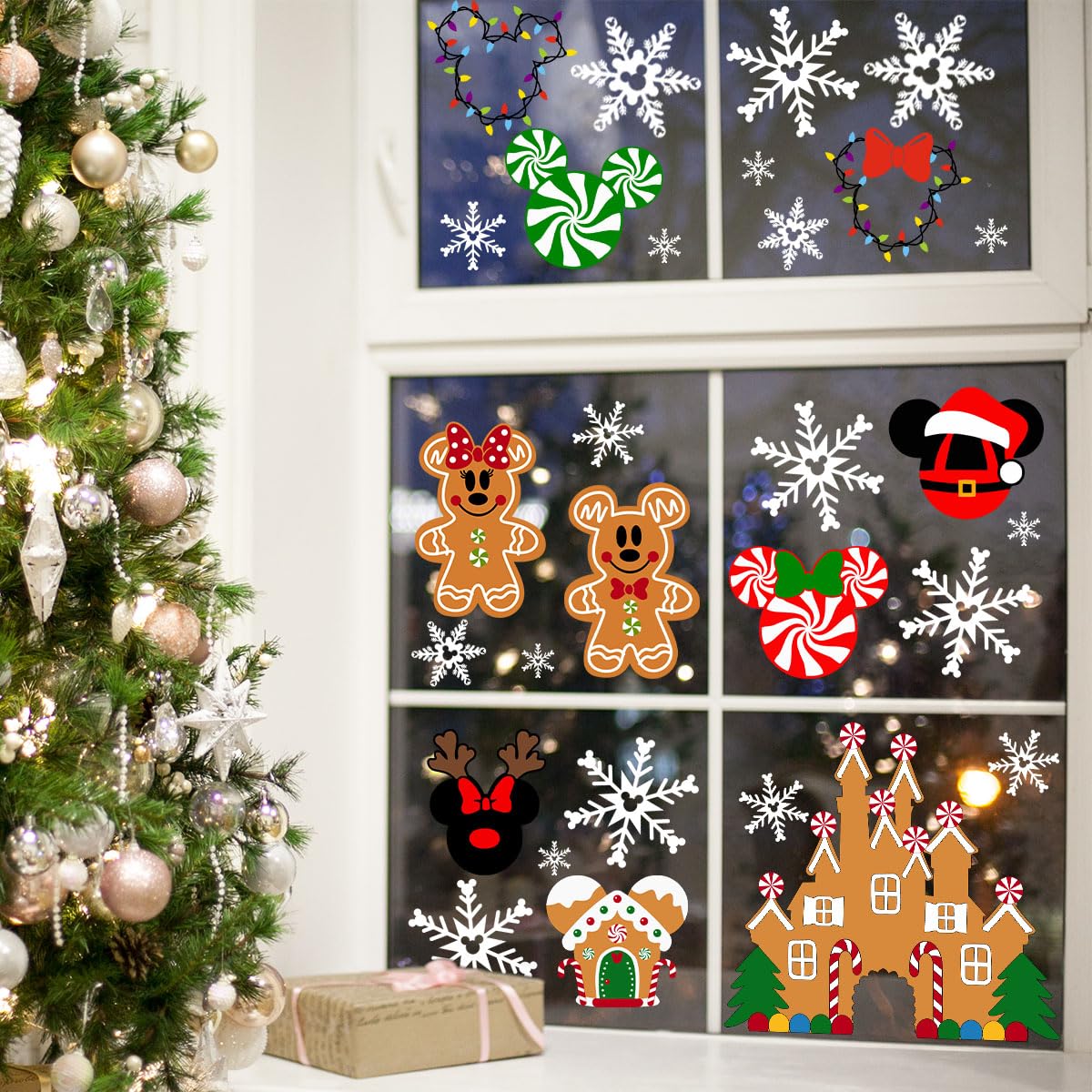 9Sheets Christmas Window Clings Gingerbread Party Decorations Ginger Bread Man Mouse Castle Snowflake New Year Winter Decor Merry Christmas Decals for Office Home Hotel Decorations